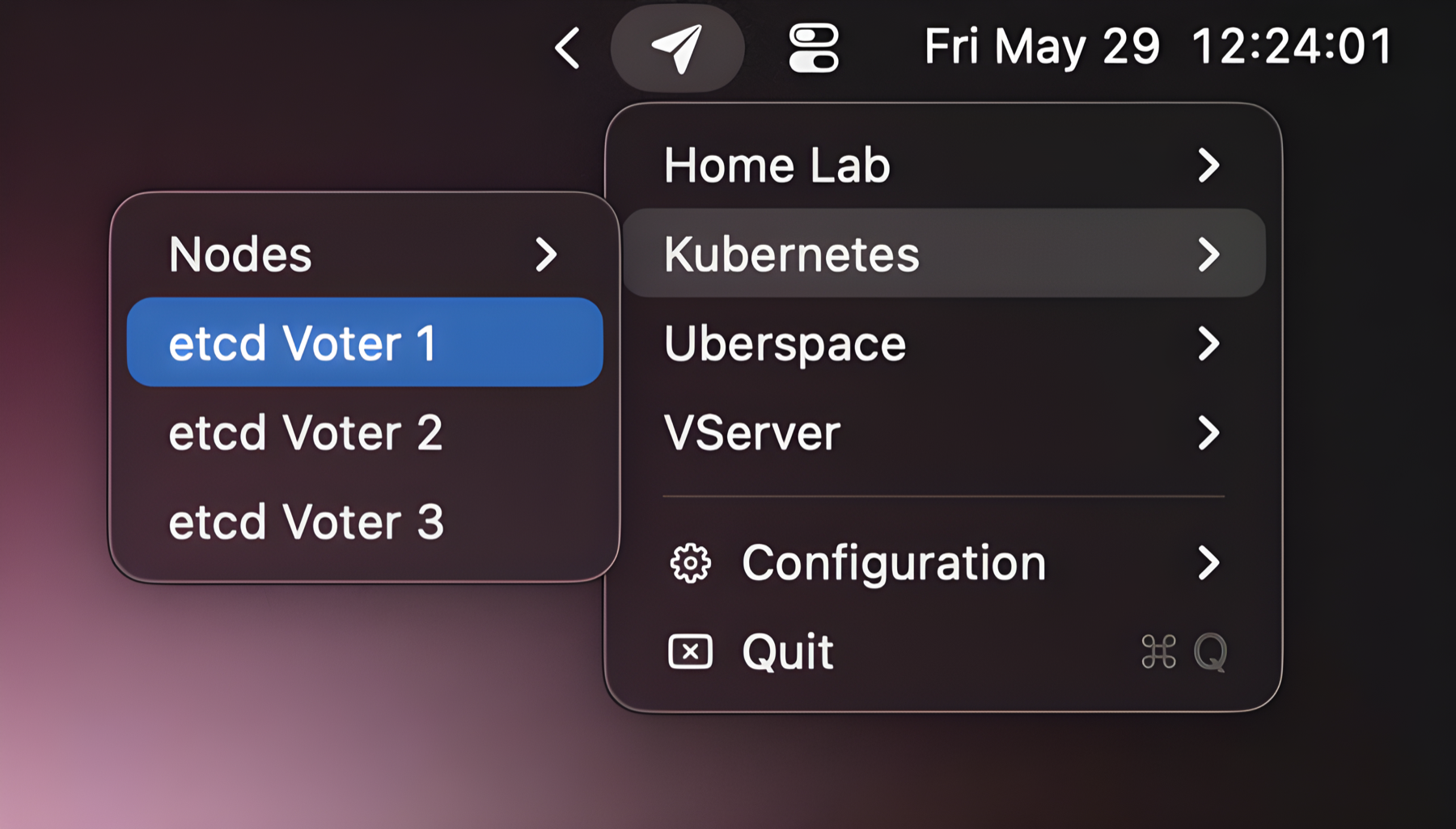 Screenshot of the Shuttle menu showing nested SSH and command launch items